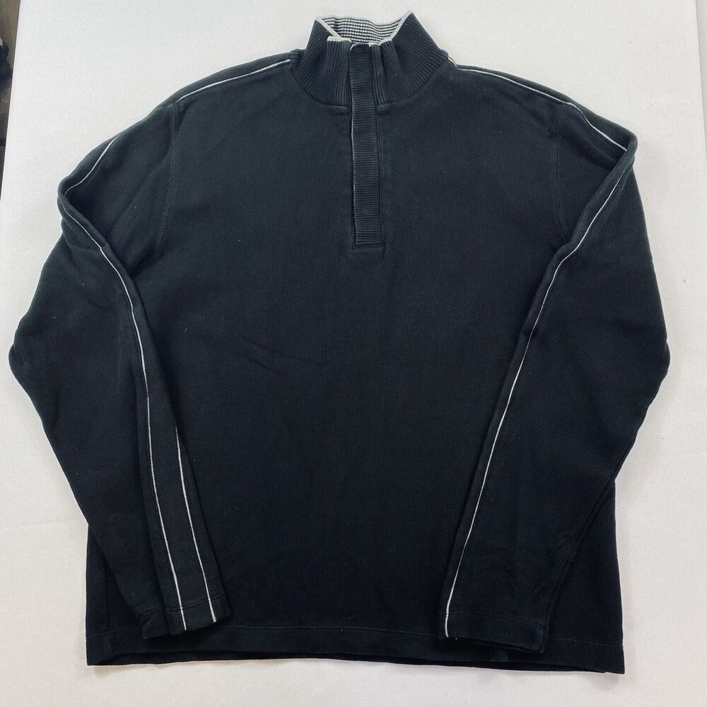 BOSS Hugo Boss Mens Black Striped Long Sleeve 1/4 Snap Pullover Sweater XL